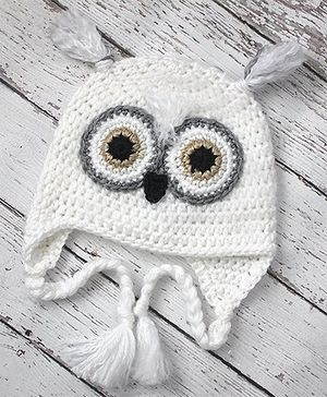 Love Crochet Art Owl Designed Crochet Cap - White