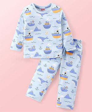 Babyhug Cotton Knit Full Sleeves Night Suit with Sea Theme Print - Blue