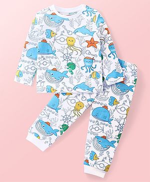 Babyhug Cotton Knit Full Sleeves Night Suit with Aquatic Animal Print - White