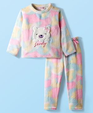 Babyhug Velour Knit Full Sleeves Winter Night Suit With Teddy Applique - Multicolor