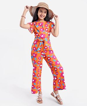 Pine Kids Cotton Knit Frill Sleeves Full Length Jumpsuit Floral Print - Orange