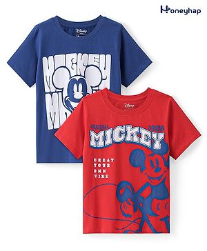 Honeyhap Disney Cotton Knit Half Sleeves Mickey Mouse Graphics T-Shirts Pack of 2  - Blue & Red