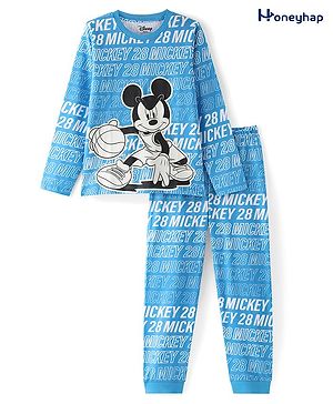 Honeyhap Disney Cotton Knit Full Sleeves Night Suit with Mickey Mouse Graphics - Blue