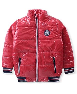 Pine Kids Full Sleeves Padded Bomber Jacket with Badge Applique - Red
