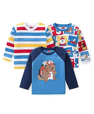 Babyhug Cotton Knit Full Raglan Sleeves T-Shirts with Striped & Bear Print Pack of 3 - Multicolour