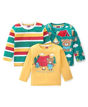 Babyhug Cotton Knit Full Sleeves T-Shirts With Stripes & Teddy Camp Print Pack Of 3 - Multicolor
