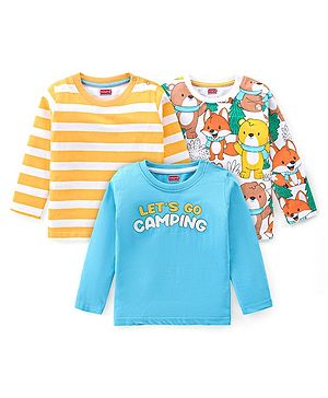 Babyhug Cotton Knit Full Sleeves T-Shirts with Striped Text & Bear Print  Pack of 3 - Blue Yellow & White