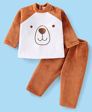 Babyhug Velour Knit Full Raglan Sleeves Winter Wear Night Suit with Teddy Embroidery -  Light Brown & Off White