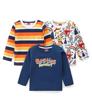 Babyhug Cotton Knit Full Sleeves T-Shirts With Stripes & Besties Forever Print Pack Of 3 - Multicolor
