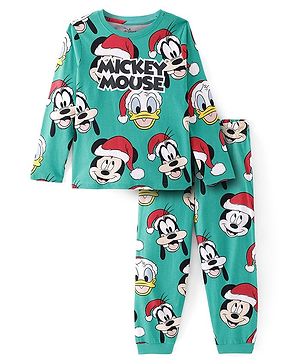 Pine Kids Disney Cotton Knit Full Sleeves Night Suit With Mickey Mouse & Friends Graphics - Teal Blue