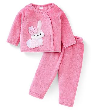 Babyhug Velour  Knit Full Sleeves Front Open Winter Wear Night Suit with Bunny Patch - Pink