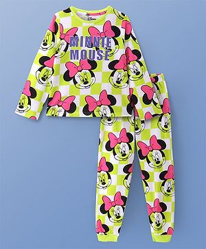 Pine Kids Disney Single Jersey Knit Full Sleeves Night Suit With Minnie Mouse Graphics - Green & White