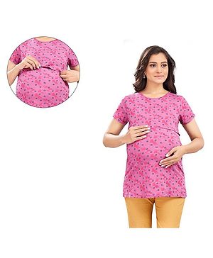 Mama & Bebe Half Sleeves Abstract Printed Tee With Concealed Zipper Nursing Access - Pink