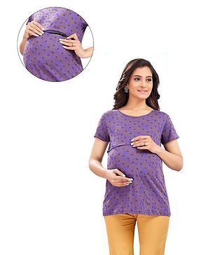 Mama & Bebe Half Sleeves Abstract Printed Tee With Concealed Zipper Nursing Access - Purple