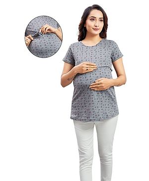 Mama & Bebe Half Sleeves Floral Printed Tee With Concealed Zipper Nursing Access - Grey