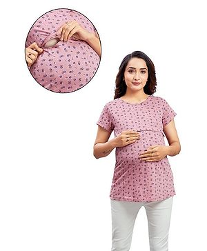 Mama & Bebe Half Sleeves Floral Printed Tee With Concealed Zipper Nursing Access - Pink