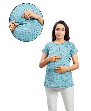 Mama & Bebe Half Sleeves Floral Printed Tee With Concealed Zipper Nursing Access - Sea Green