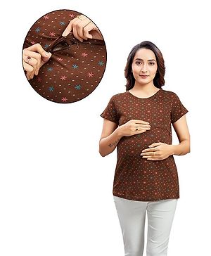 Mama & Bebe Half Sleeves Floral Printed Tee With Concealed Zipper Nursing Access - Brown