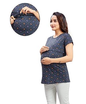 Mama & Bebe Half Sleeves Floral Printed Tee With Concealed Zipper Nursing Access - Indigo Blue