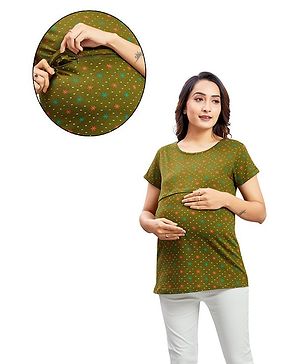 Mama & Bebe Half Sleeves Floral Printed Tee With Concealed Zipper Nursing Access - Green