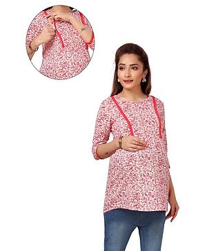 Mama & Bebe Three Fourth Sleeves Floral Printed Maternity Top With Concealed Zipper Nursing Access - Red