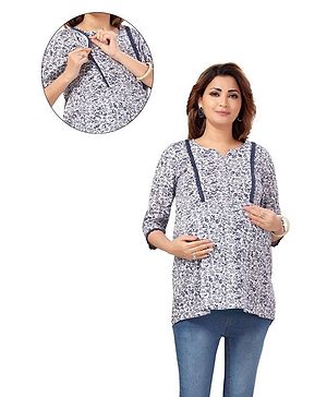 Mama & Bebe Three Fourth Sleeves Floral Printed Maternity Top With Concealed Zipper Nursing Access - Navy Blue