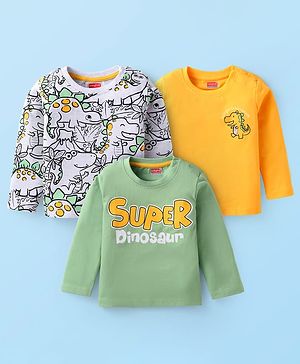 Babyhug Cotton Knit Full Sleeves T-Shirts with Dino Print Pack of 3 - Yellow White & Green