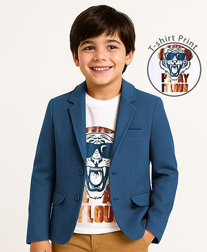 Pine Kids Knit Full Sleeves Blazer With Tiger Printed T-Shirt - Royal Blue & White