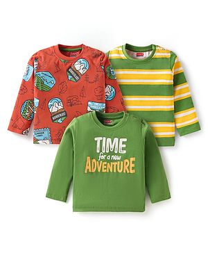Babyhug Cotton Knit Full Sleeves T-Shirts with Text Print & Stripes Pack of 3 - Green Red & Yellow
