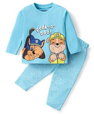 Babyhug Cotton Knit Full Sleeves Night Suit with Paw Patrol Print - Blue