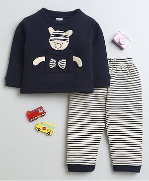 BUMZEE Full Sleeves Animal Patch Detailed Tee & Striped Pant Set - Navy & Beige