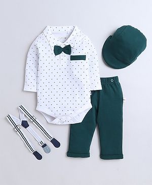 BUMZEE Cotton Full Sleeves Geometric Printed Onesie With Pant & Coordinating Cap Suspender & Bow Set - Bottle Green & White