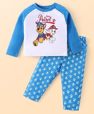 Babyhug Cotton Knit Raglan Sleeves Night Suit With Paw Patrol Graphics - Blue & White