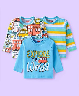Babyhug Cotton Knit Full Sleeves  T-Shirt with  Vehicle Print Pack of 3 - Blue White & Yellow