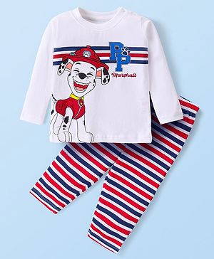 Babyhug Cotton Knit Full Sleeves Night Suit with Paw Patrol & Stripes Print - White