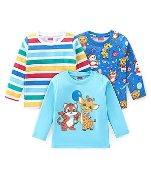 Babyhug Cotton Knit Full Sleeves T-Shirts with Striped & Animal Print Pack of 3 - Blue & White