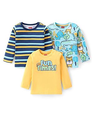 Babyhug Cotton Knit Full Sleeves Striped Text & Animal Printed T-Shirts  Pack of 3 - Yellow Navy & Blue