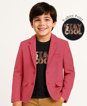 Pine Kids Knit Full Sleeves Solid Colour Blazer & Foil Text Printed T-Shirt- Dark Pink & Black