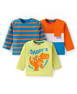 Babyhug Cotton Knit Full Sleeves T-Shirt with Stripes & Dino Print Pack of 3 - Multicolor