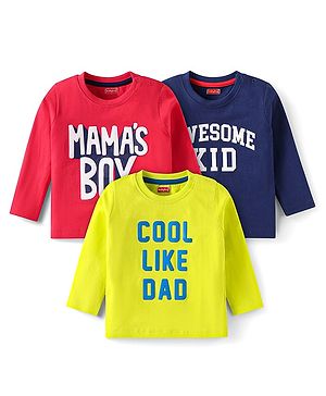 Babyhug Cotton Knit Full Sleeves T-Shirts with Text Print Pack of 3 - Red Blue & Yellow
