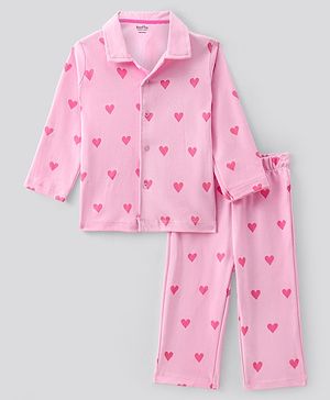 Bonfino 100% Cotton Knit Full Sleeves Night Suit With Hearts Print - Pink