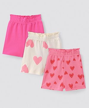 Bonfino 100% Cotton Knit Above Knee Length Shorts  With Hearts Print Pack Of 3 - Pink & White