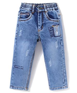 Olio Kids Denim Woven Full Length Jeans With Text Print & Distressed Detailing - Light Blue