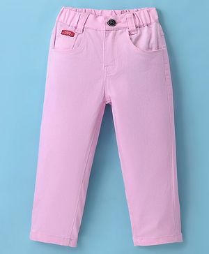 Olio Kids Cotton Woven Full Length Solid Colour Trousers - Pink