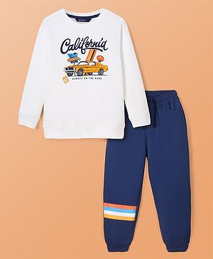 Pine Kids Cotton Knit Full Sleeves Sweatshirt & Joggers Set with Text Print - Navy Blue