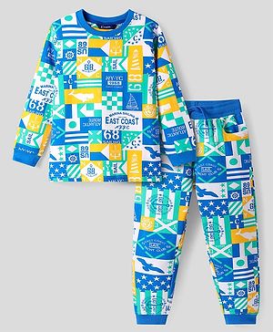 Pine Kids Cotton Knit Full Sleeves Sweatshirt & Joggers Set with Text Print - Blue
