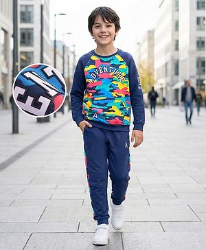 Pine Kids Cotton Knit Full Raglan Sleeves Text Printed T-Shirt & Jogger Set - Navy Blue