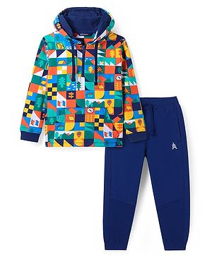 Pine Kids Cotton Knit Full Sleeves Hooded Sweatshirt & Joggers Set with Abstract Print & Kangaroo Pockets -  Navy Blue