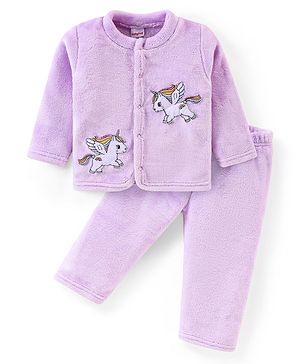 Babyhug Velour Knit Full Sleeves Front Open Winter Night Suit With Unicorns Applique - Lilac