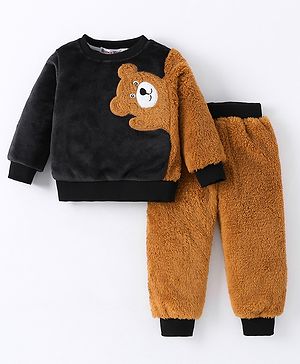 Kookie Kids Full Sleeves Fur Winter Wear T-Shirt & Lounge Pant with Bear Design - Black